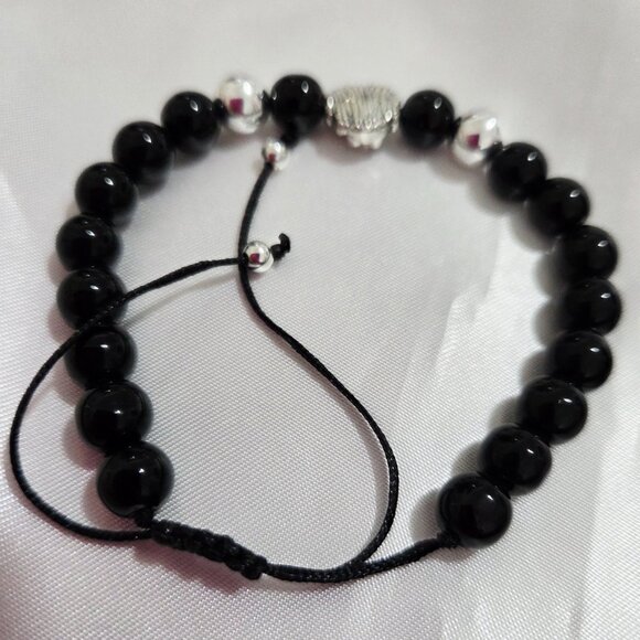Black Men's Glass Beaded Lion Bracelet - Picture 3 of 3